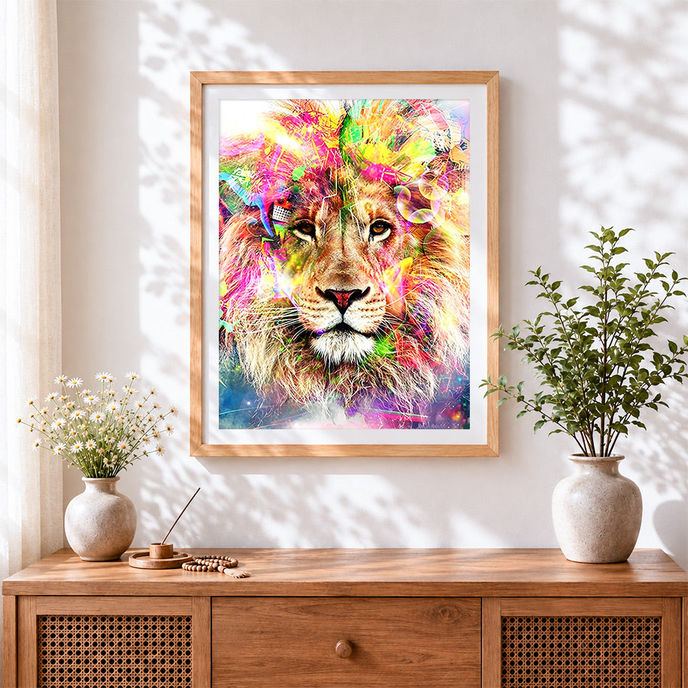 Finished the vibrant abstract lion cross stitch artwork displayed
