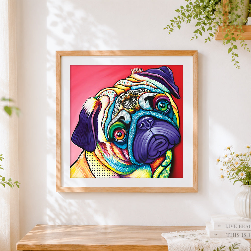 Finished the vibrant pug cross stitch artwork displayed