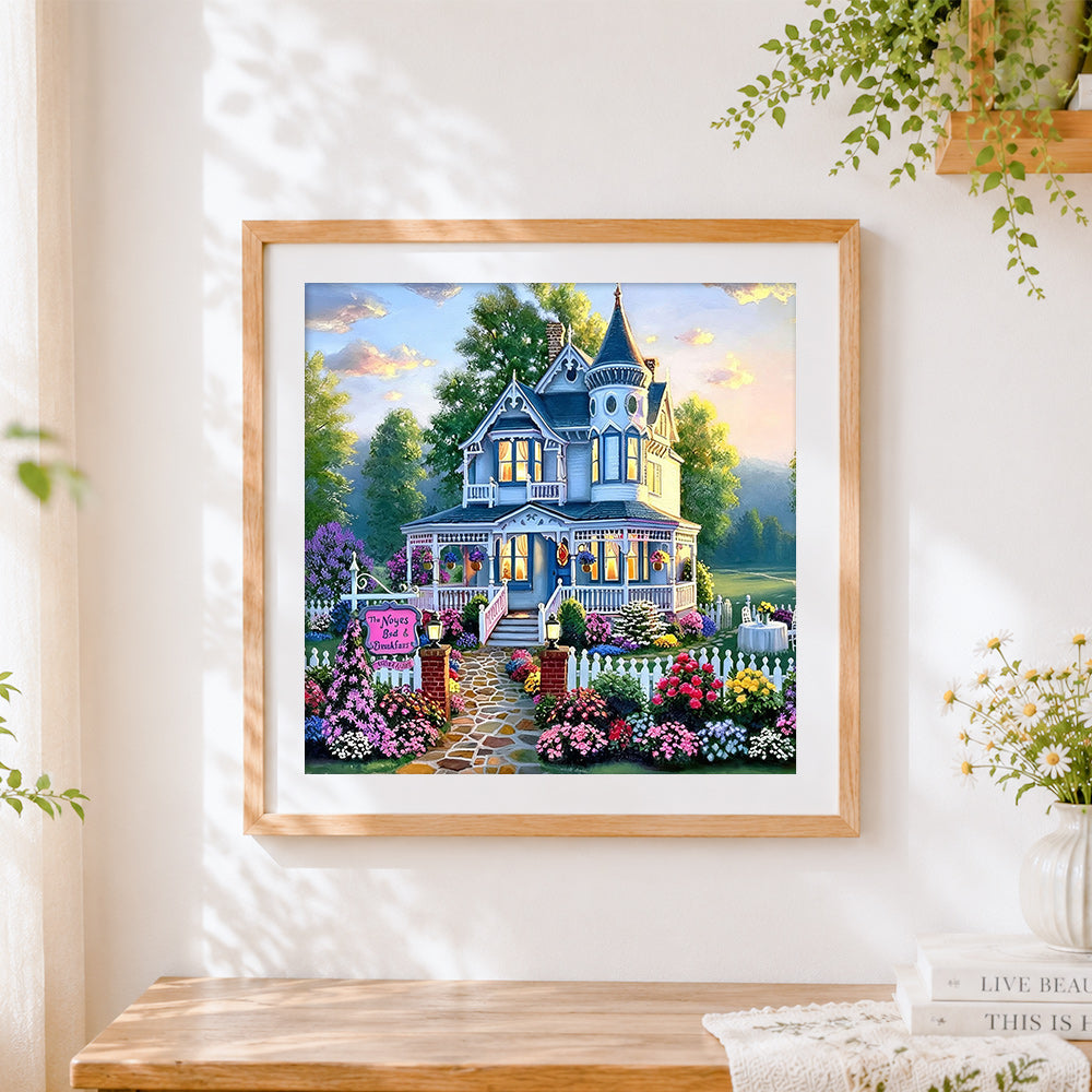 Finished the victorian bed and breakfast cross stitch artwork displayed
