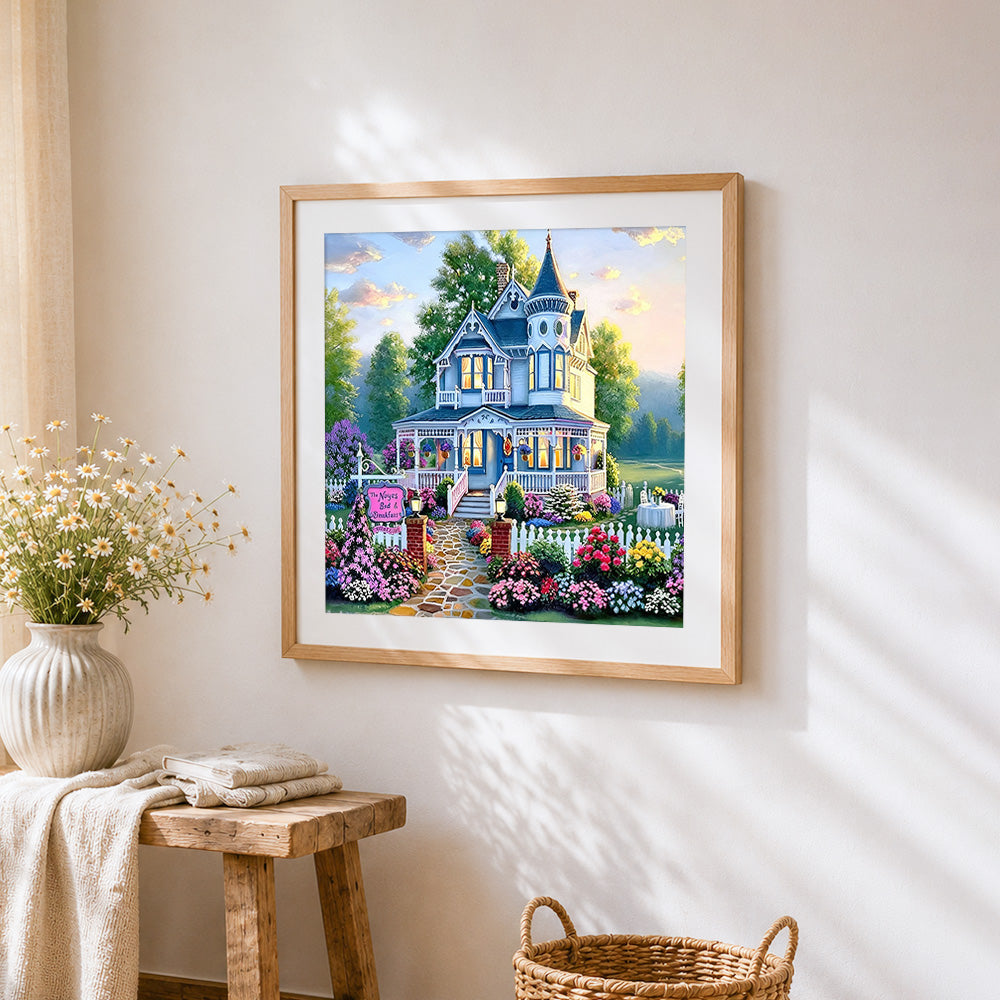 The victorian bed and breakfast cross stitch artwork displayed on wall as home decor