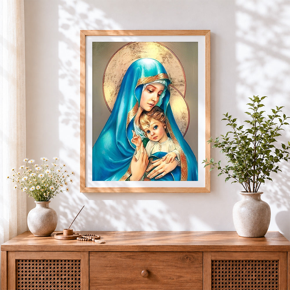 Finished the virgin mary and the infant jesus cross stitch artwork displayed