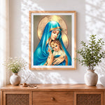 Finished the virgin mary and the infant jesus cross stitch artwork displayed