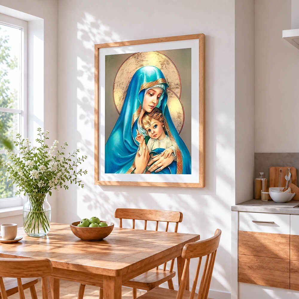 The virgin mary and the infant jesus cross stitch artwork displayed on wall as home decor