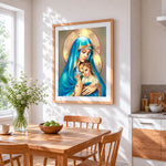 The virgin mary and the infant jesus cross stitch artwork displayed on wall as home decor