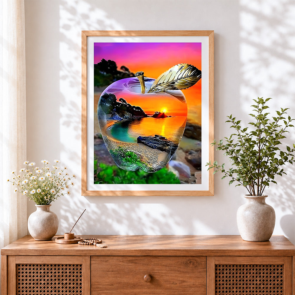 Finished the world inside an apple cross stitch artwork displayed