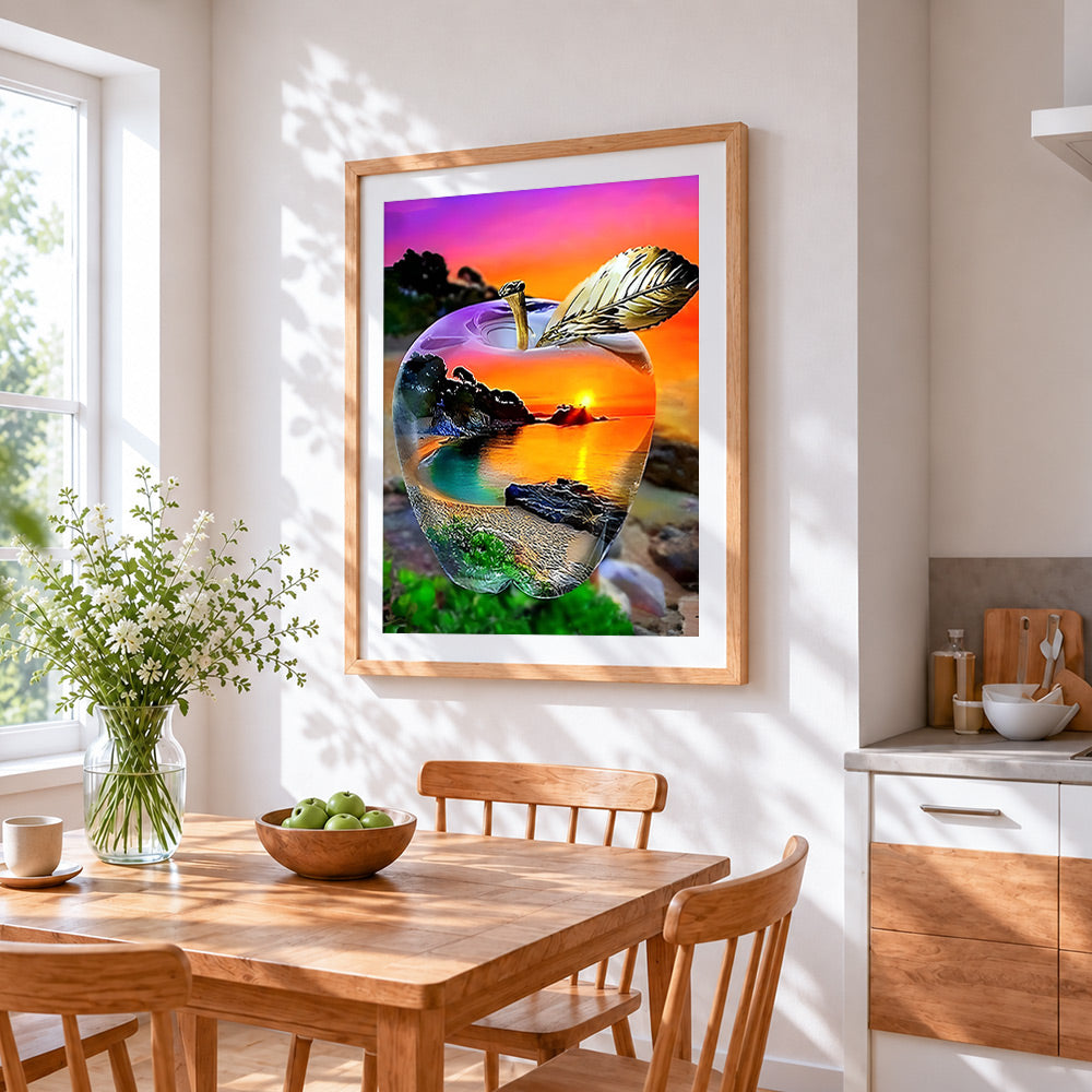 The world inside an apple cross stitch artwork displayed on wall as home decor