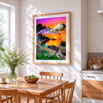 The world inside an apple cross stitch artwork displayed on wall as home decor