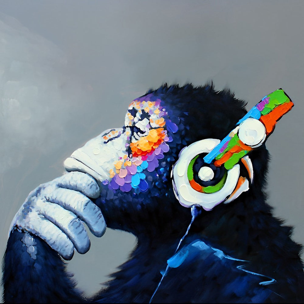 Thoughtful chimpanzee with colourful headphones paint by numbers kit for beginners