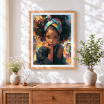 Finished thoughtful urban girl portrait cross stitch artwork displayed