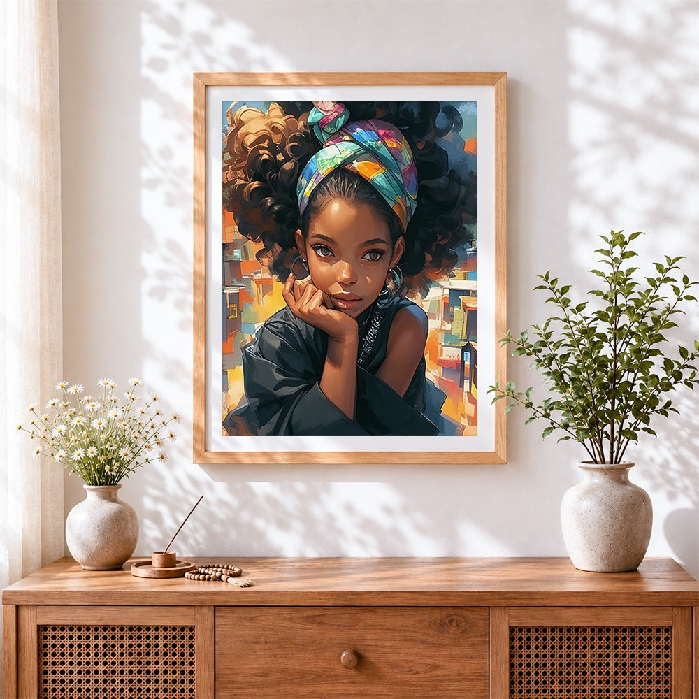 Finished thoughtful urban girl portrait cross stitch artwork displayed