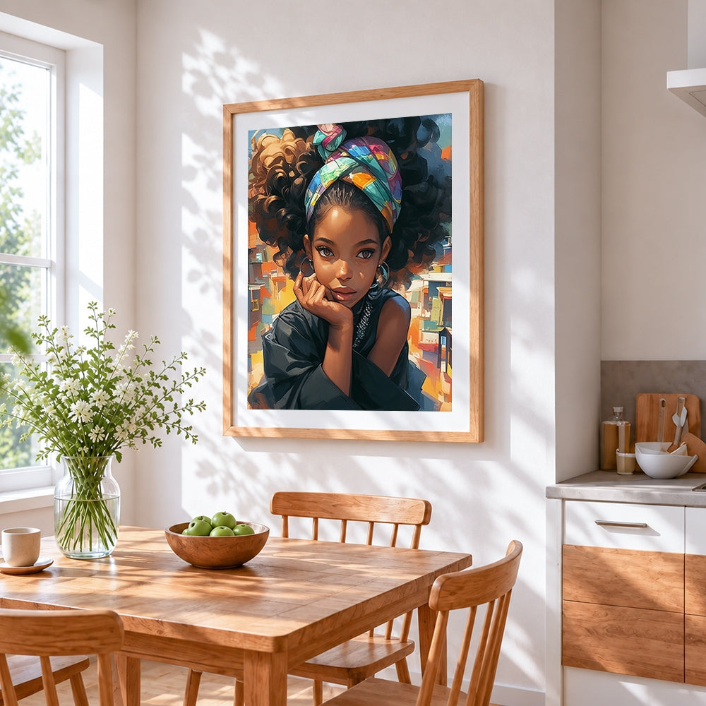 Thoughtful urban girl portrait cross stitch artwork displayed on wall as home decor