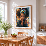 Thoughtful urban girl portrait cross stitch artwork displayed on wall as home decor