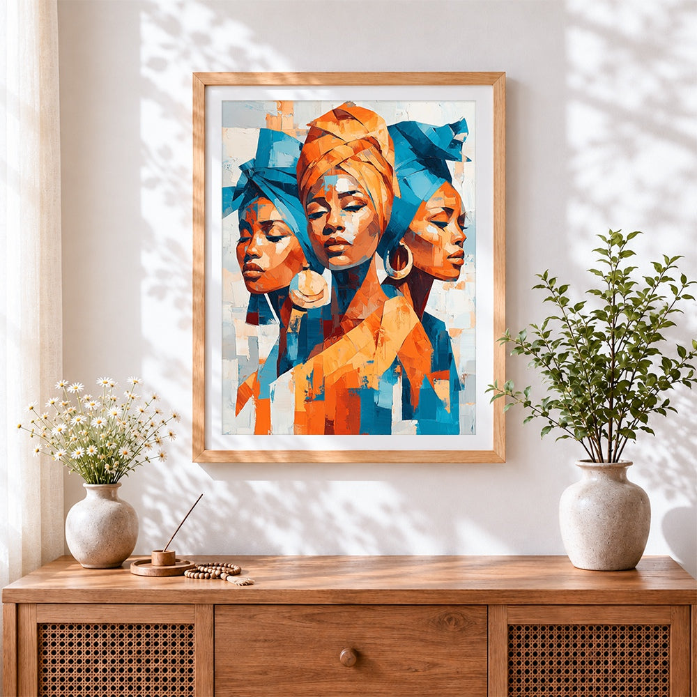 Finished three african women portrait cross stitch artwork displayed