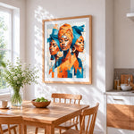 Three african women portrait cross stitch artwork displayed on wall as home decor
