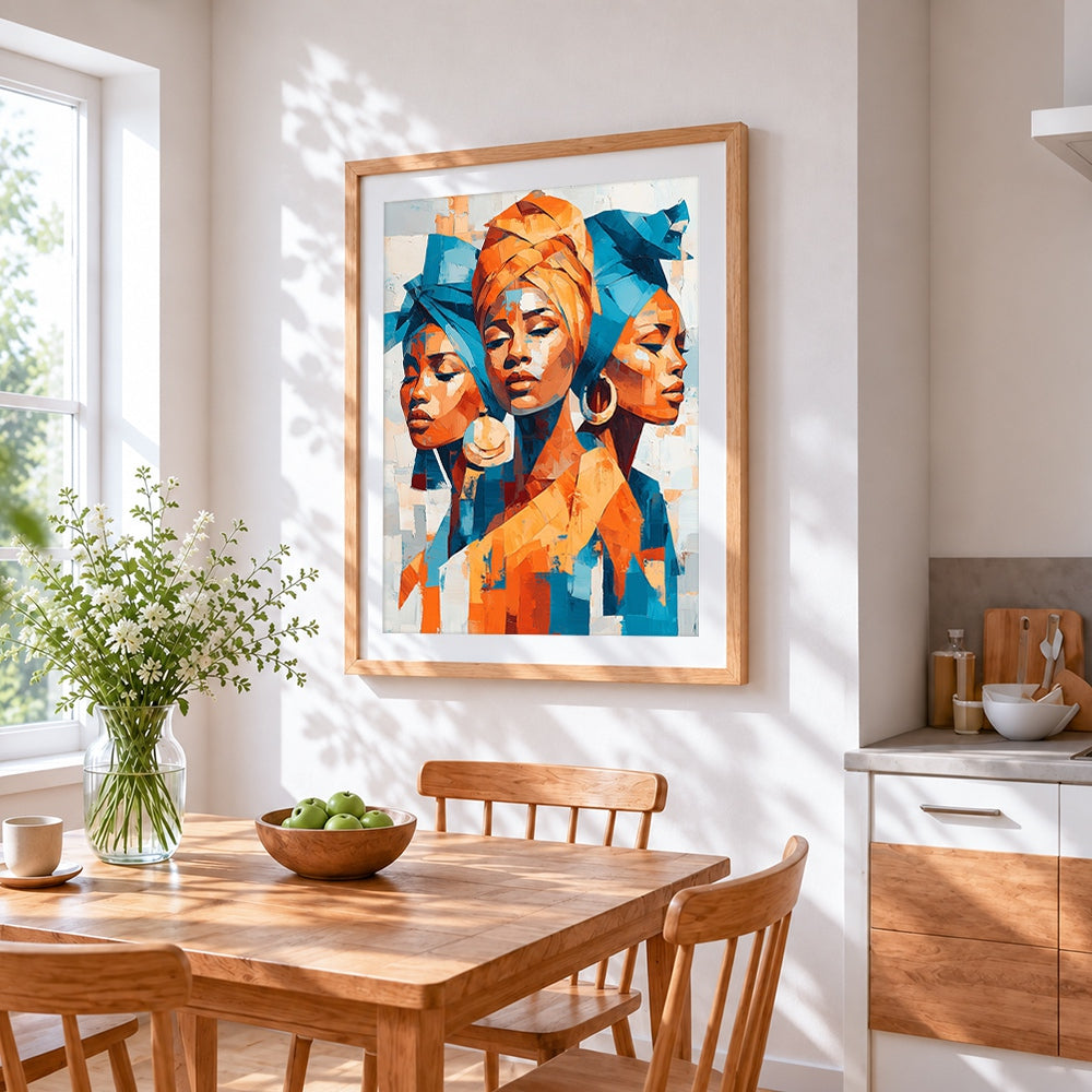 Three african women portrait cross stitch artwork displayed on wall as home decor