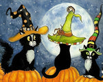 Three black cats in witch hats on pumpkins cross stitch kit for beginners