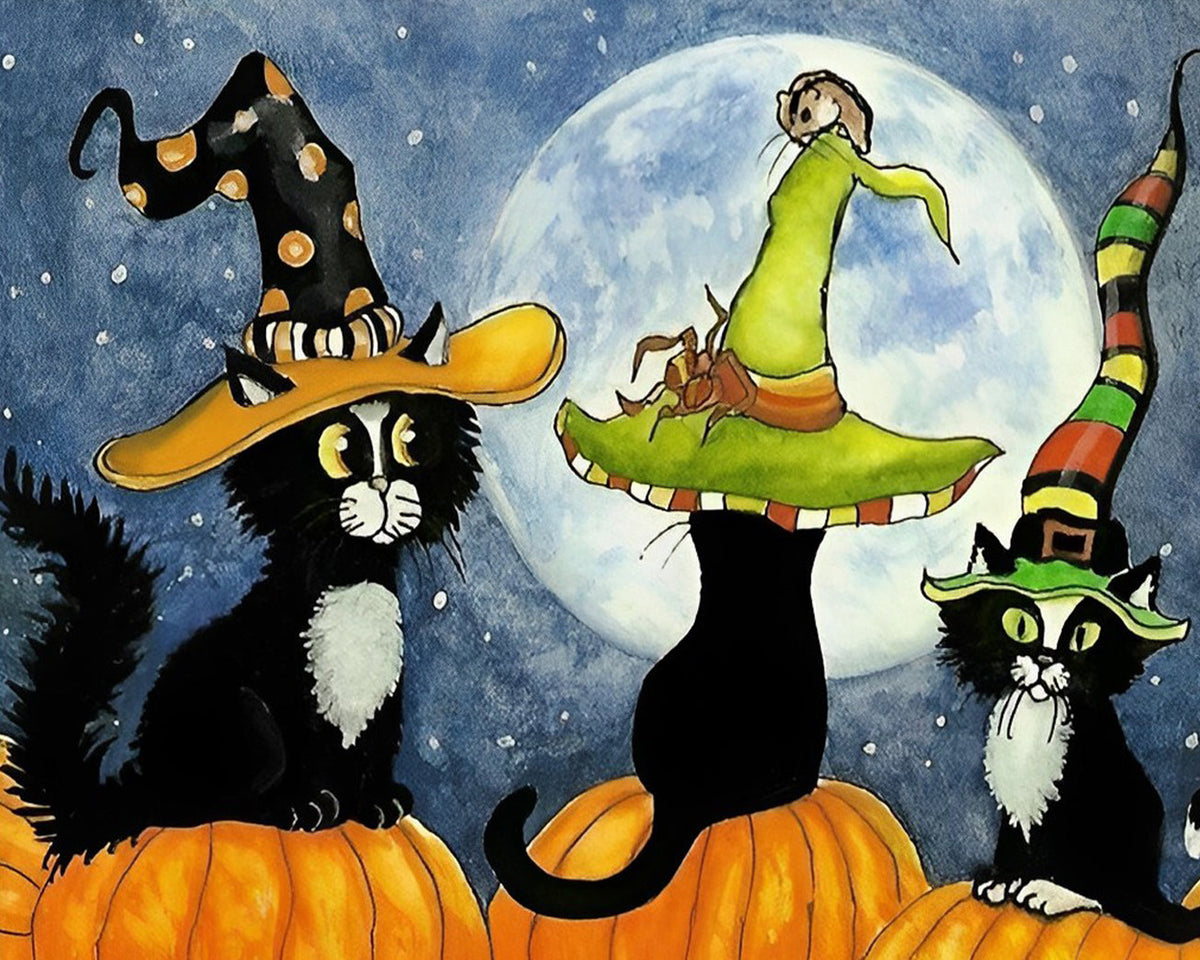 Three black cats in witch hats on pumpkins paint by numbers kit for beginners