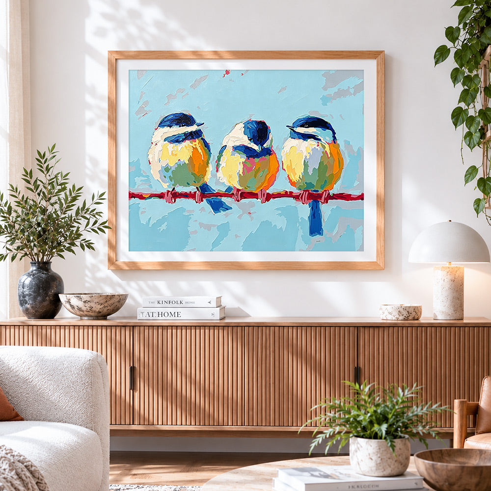 Finished three blue birds on a branch cross stitch artwork displayed