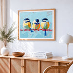 Three blue birds on a branch paint by numbers artwork displayed on wall as home decor