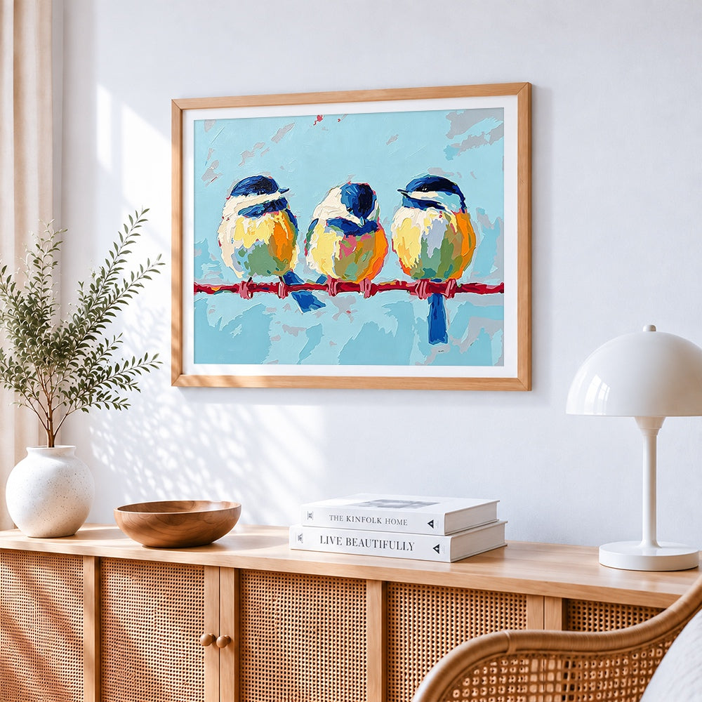 Three blue birds on a branch paint by numbers artwork displayed on wall as home decor