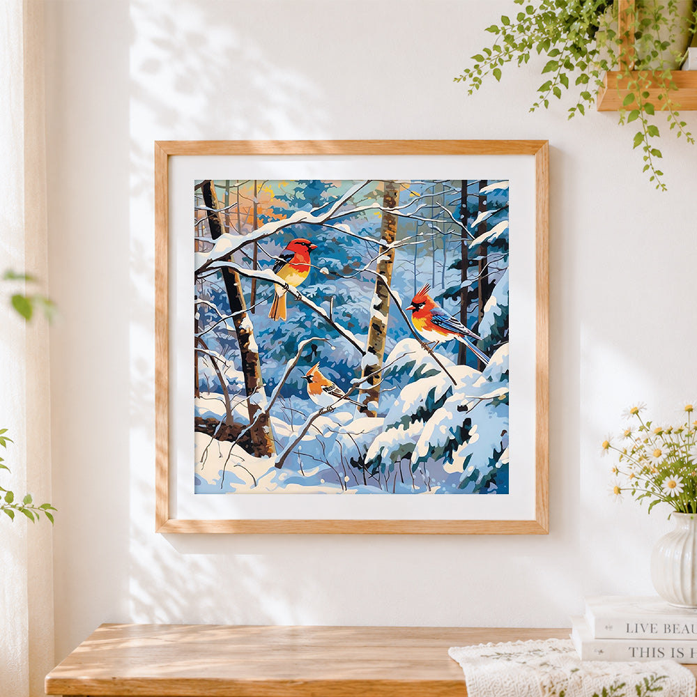 Finished three cardinals in a winter woodland cross stitch artwork displayed