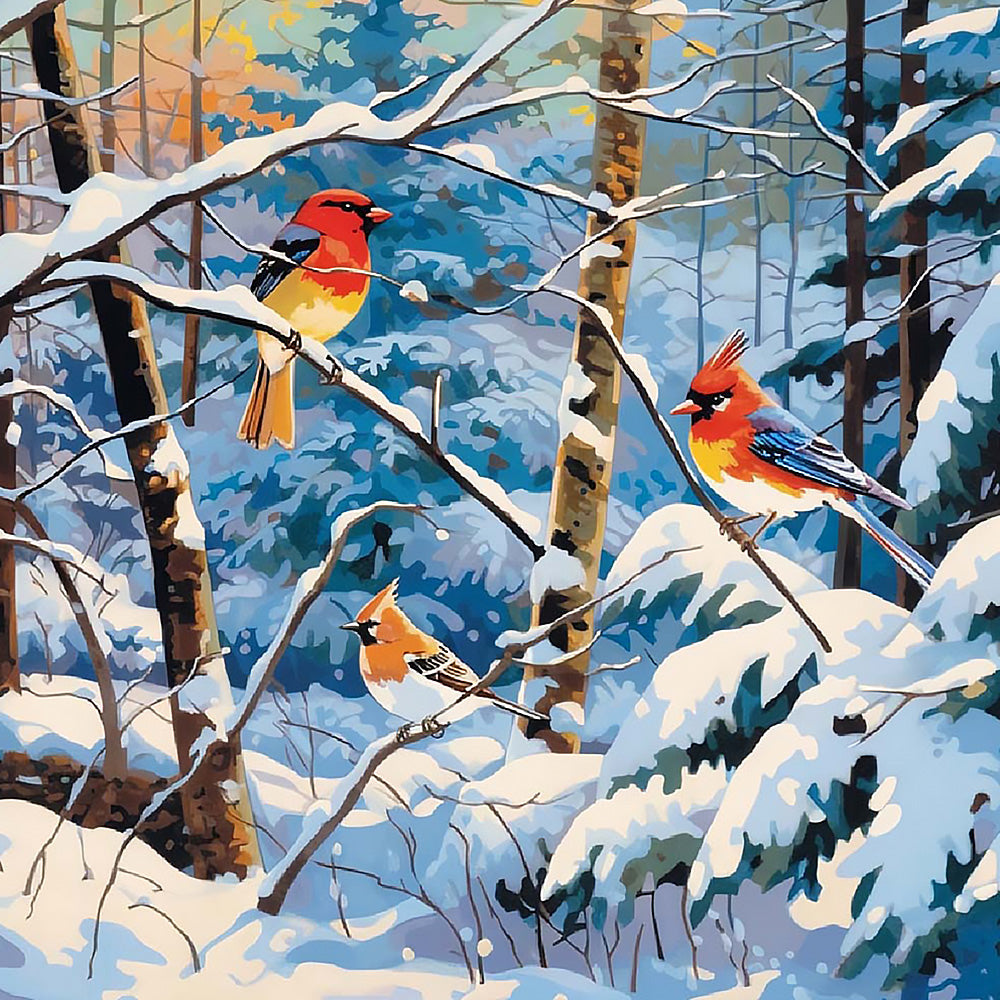 Three cardinals in a winter woodland cross stitch kit for beginners