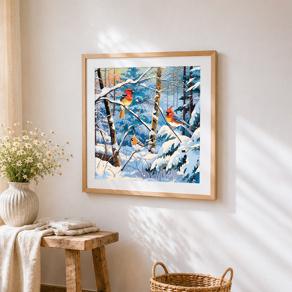Three cardinals in a winter woodland cross stitch artwork displayed on wall as home decor