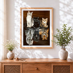 Finished three cats and tiger reflections cross stitch artwork displayed