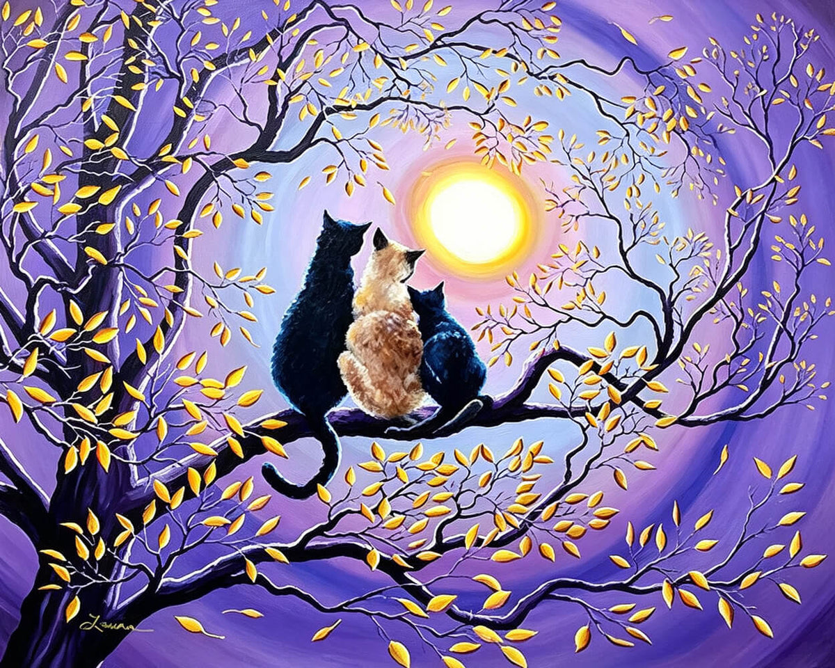 Three cats sitting on a branch cross stitch kit for beginners