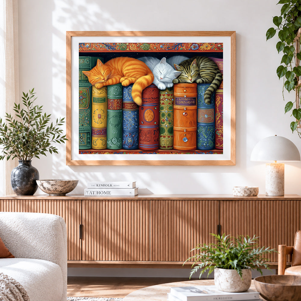 Finished three cats sleeping on vintage books paint by numbers artwork displayed as home decor
