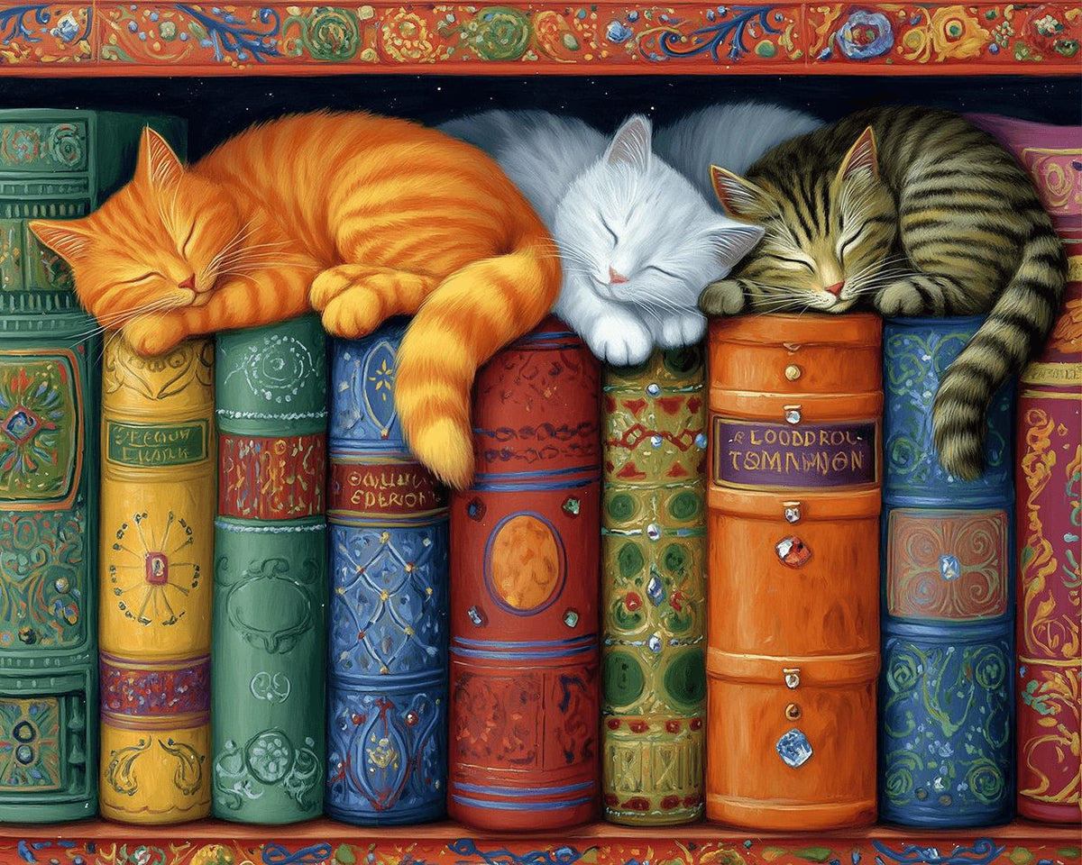 Three cats sleeping on vintage books paint by numbers kit for beginners