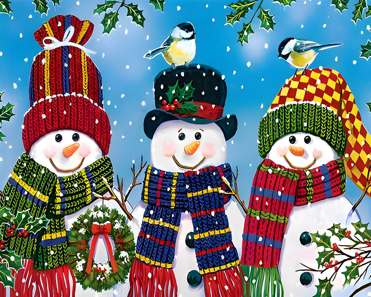 Three cheerful snowmen in knitted hats paint by numbers kit for beginners