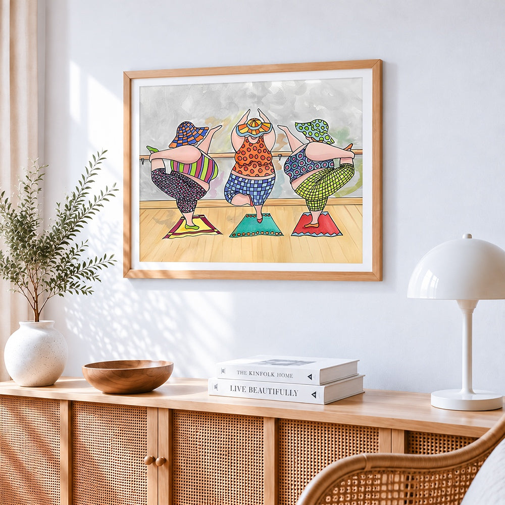 Three curvy ladies doing yoga paint by numbers artwork displayed on wall as home decor