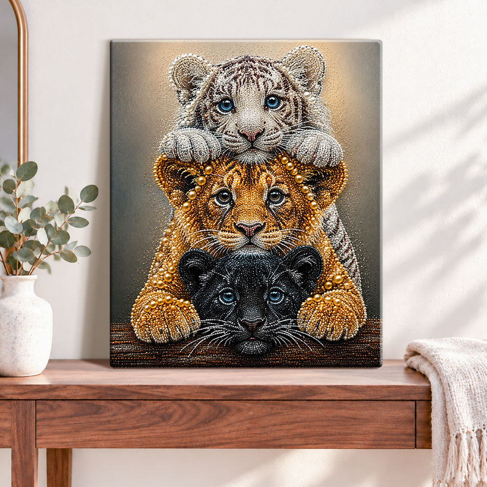 Finished three cute big tiger cubs pearl diamond painting artwork displayed as home decor