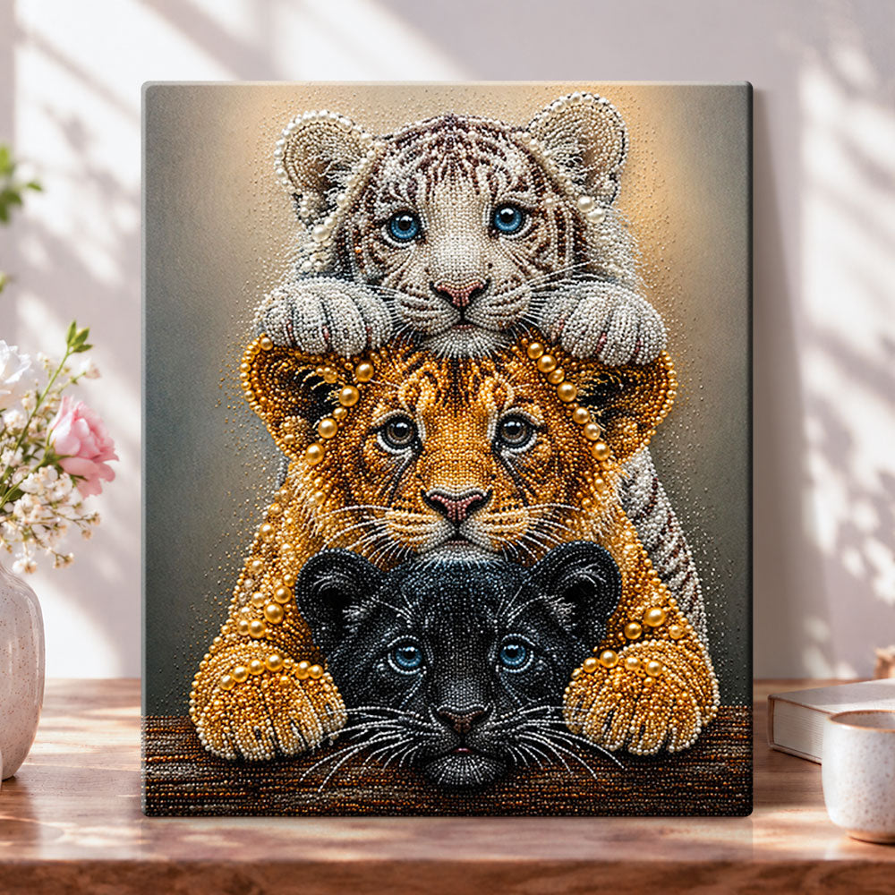 Three cute big tiger cubs pearl diamond painting kit for beginners