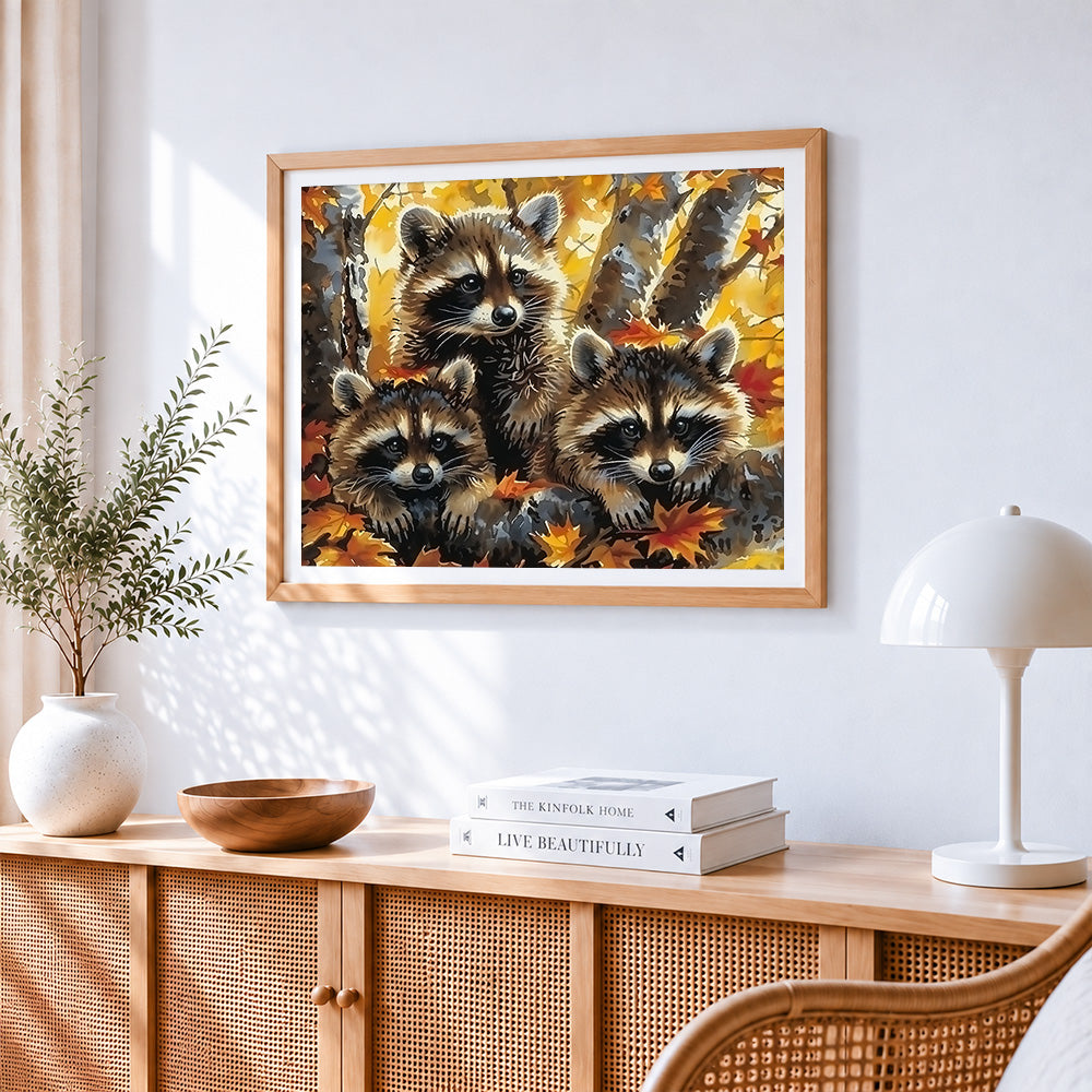 Three cute raccoons in autumn leaves cross stitch artwork displayed on wall as home decor