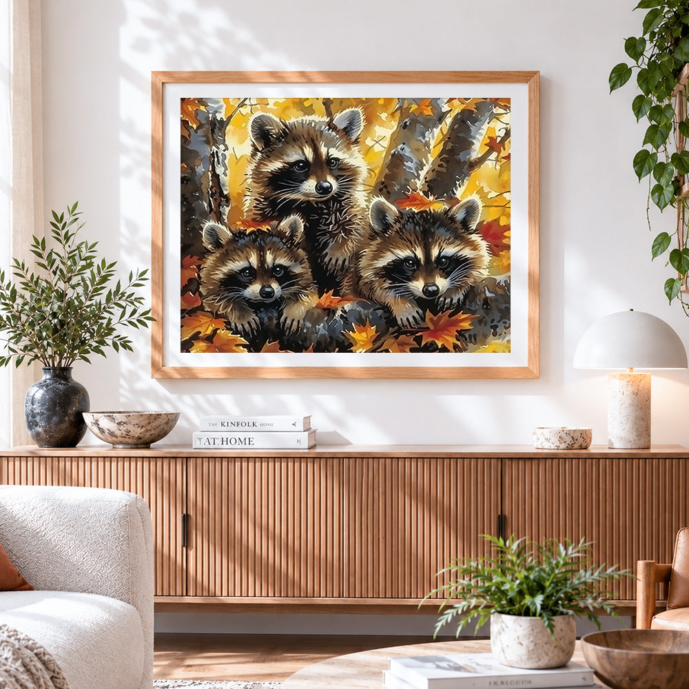 Finished three cute raccoons in autumn leaves paint by numbers artwork displayed as home decor