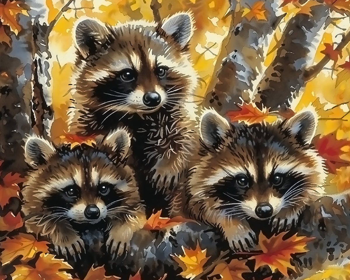 Three cute raccoons in autumn leaves paint by numbers kit for beginners