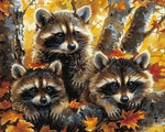Three cute raccoons in autumn leaves paint by numbers kit for beginners