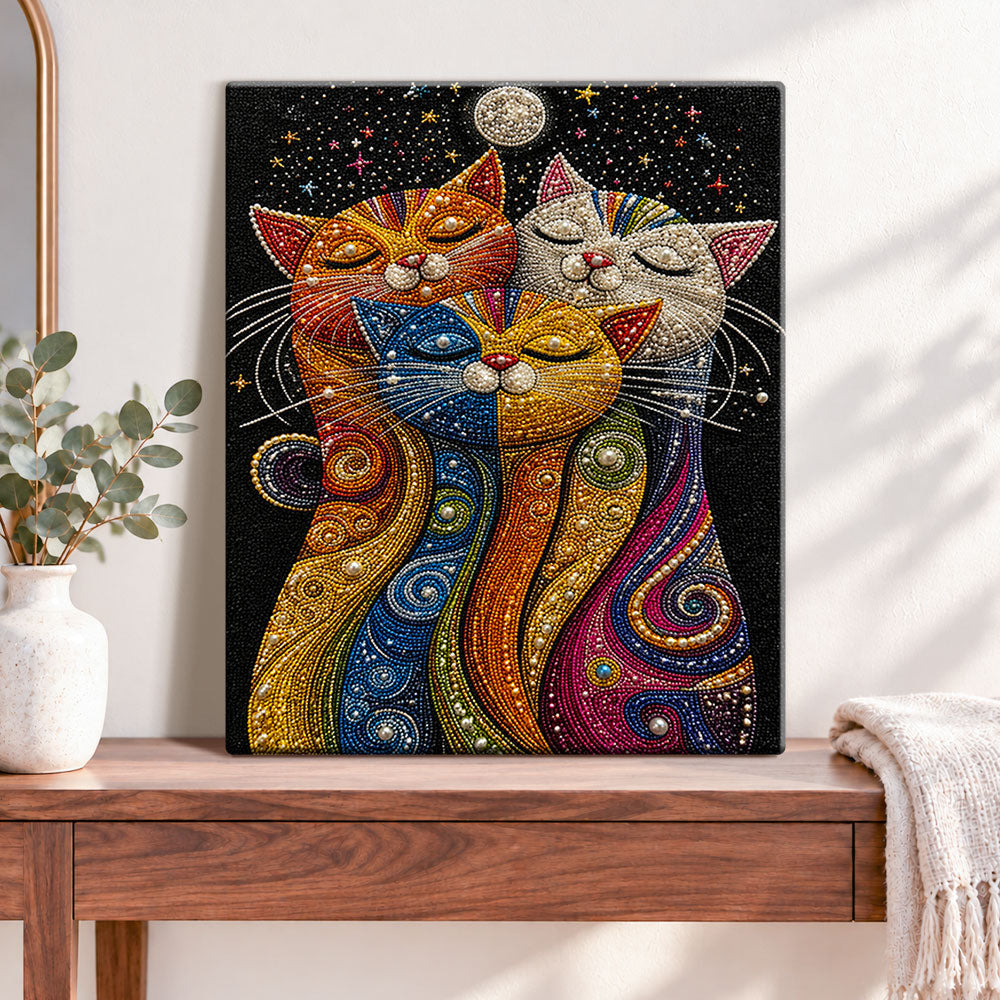 Finished three dreamy pearl cats pearl diamond painting artwork displayed as home decor