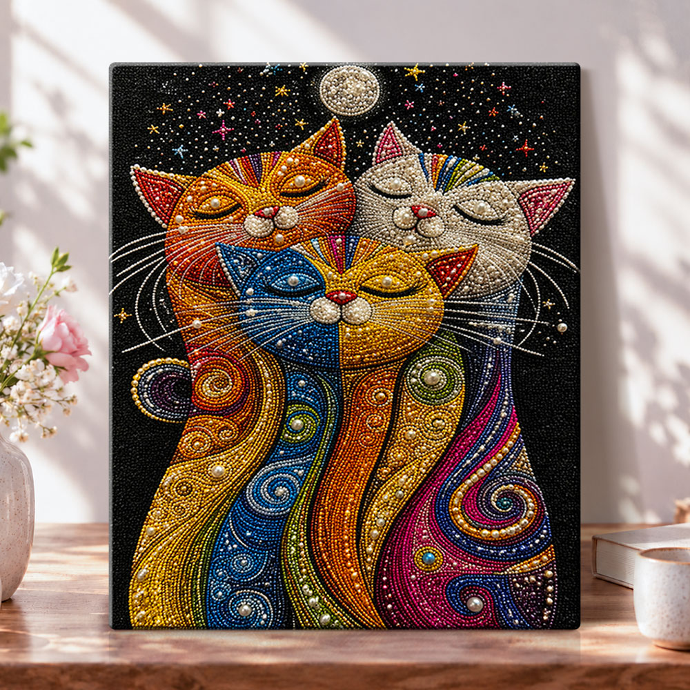 Three dreamy pearl cats pearl diamond painting kit for beginners