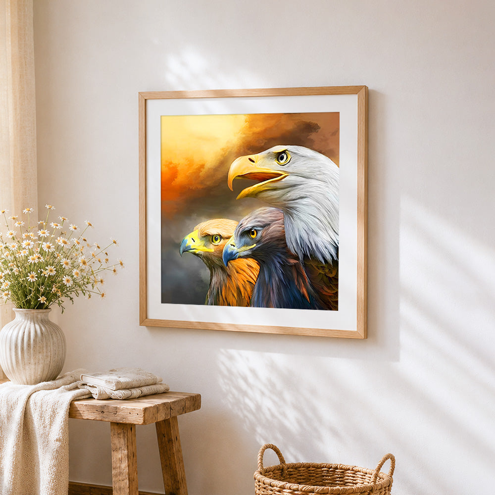 Three eagles portrait cross stitch artwork displayed on wall as home decor