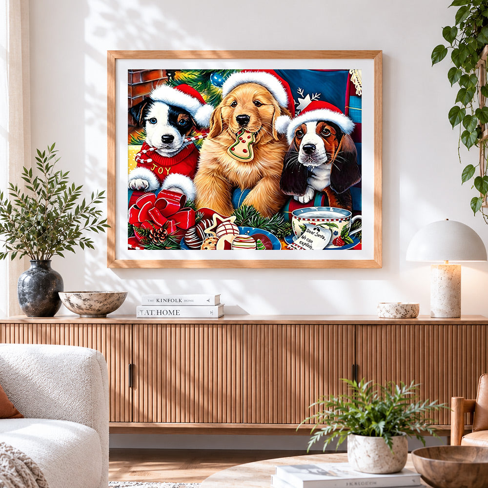 Finished three festive puppies with christmas treats cross stitch artwork displayed