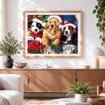 Finished three festive puppies with christmas treats cross stitch artwork displayed