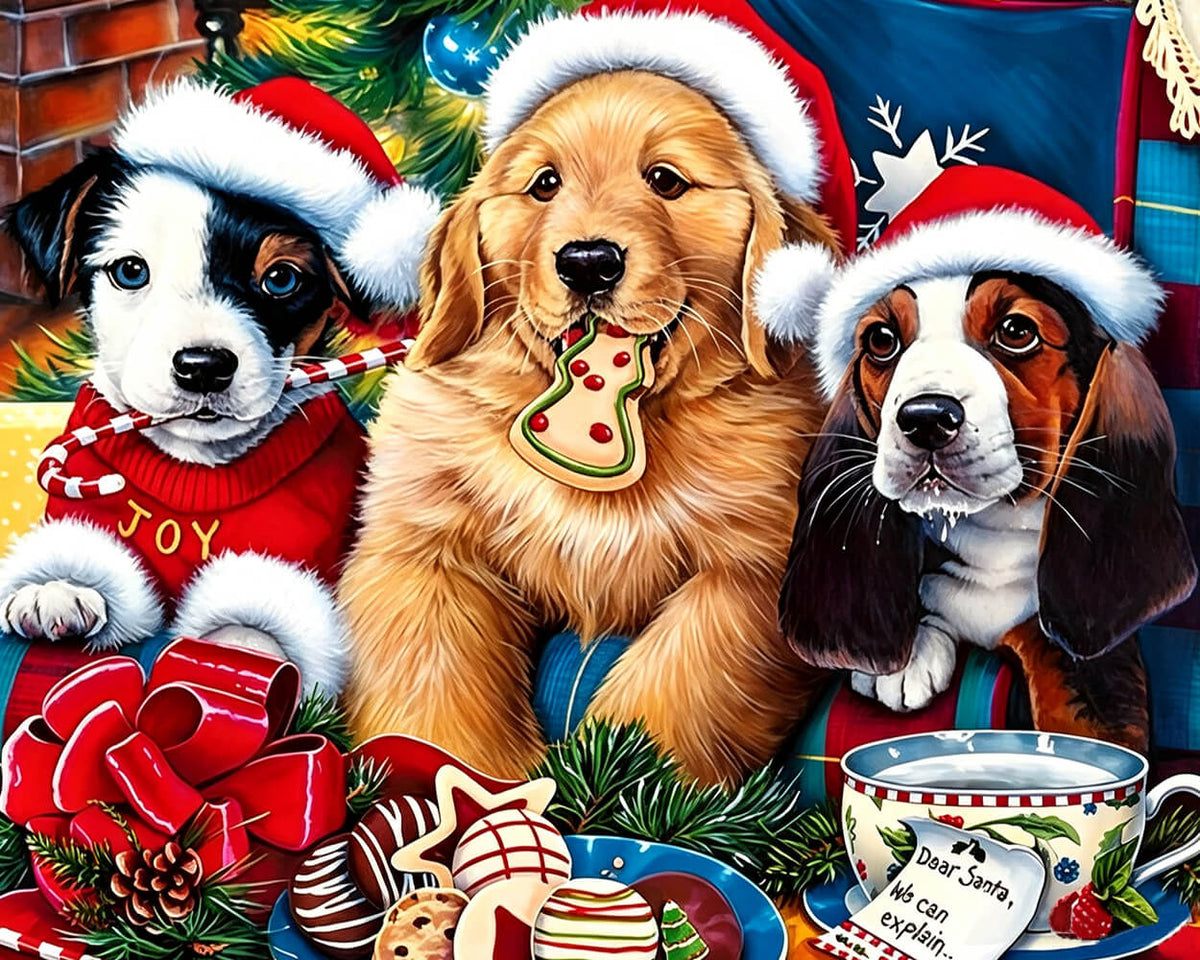 Three festive puppies with christmas treats cross stitch kit for beginners