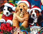 Three festive puppies with christmas treats cross stitch kit for beginners
