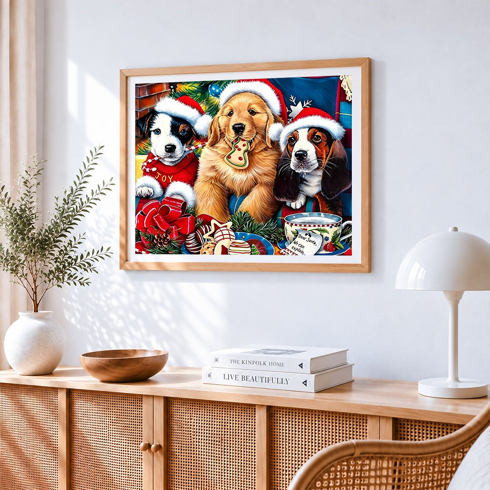 Three festive puppies with christmas treats cross stitch artwork displayed on wall as home decor