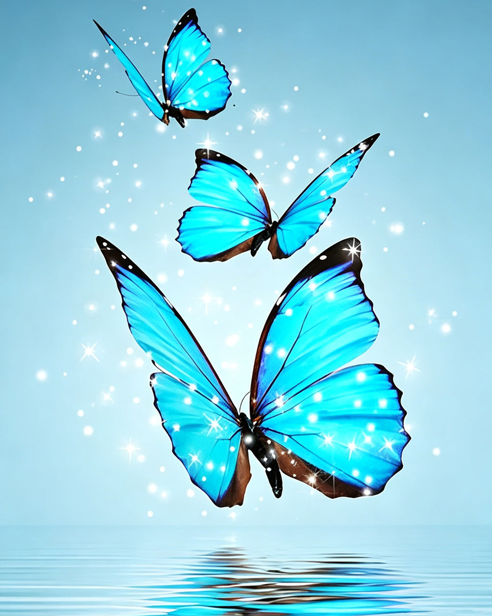 Three glowing blue butterflies over water cross stitch kit for beginners