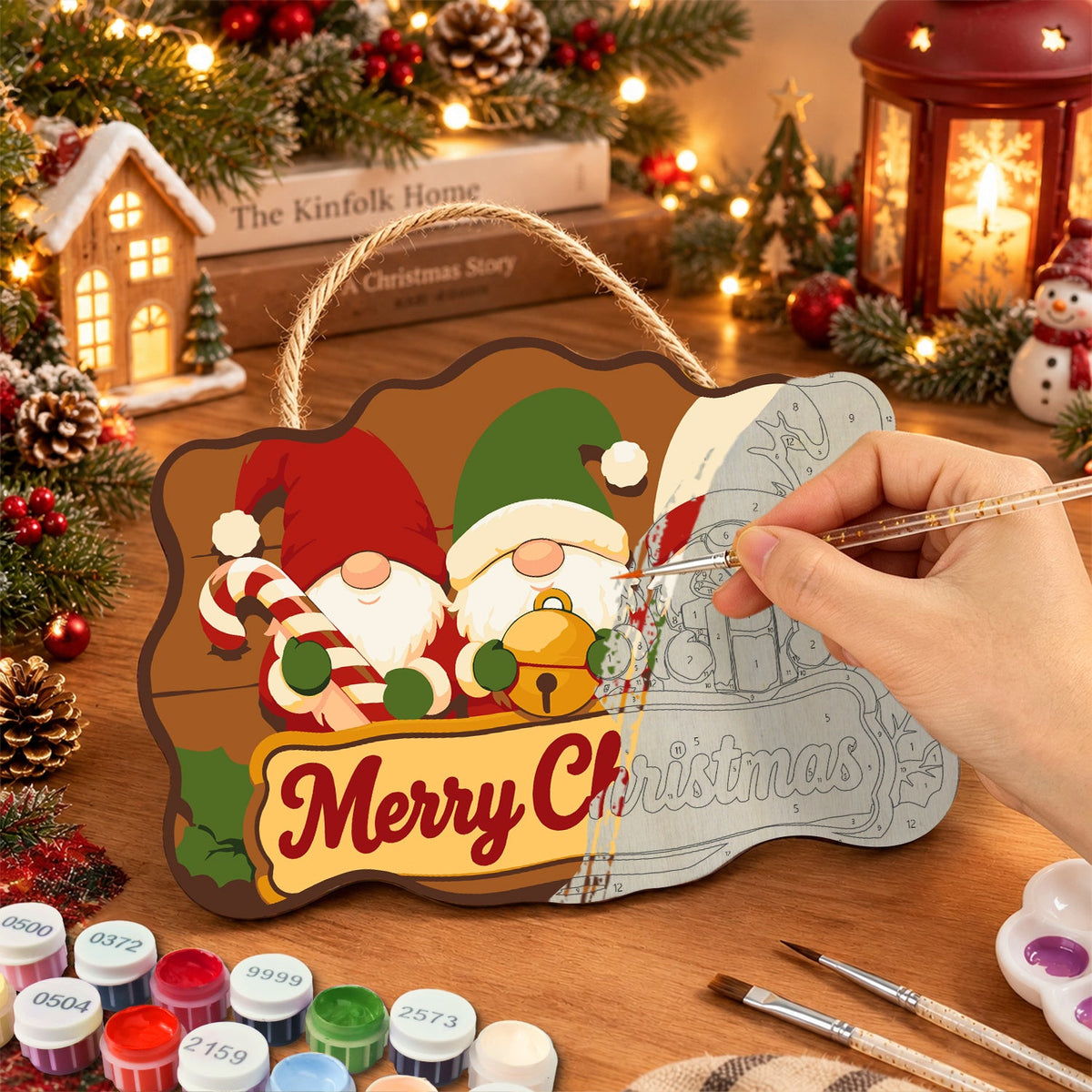 Three gnomes christmas paint by numbers door hanger painting process