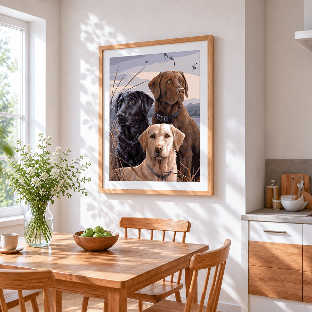 Three gun dogs in the reeds cross stitch artwork displayed on wall as home decor
